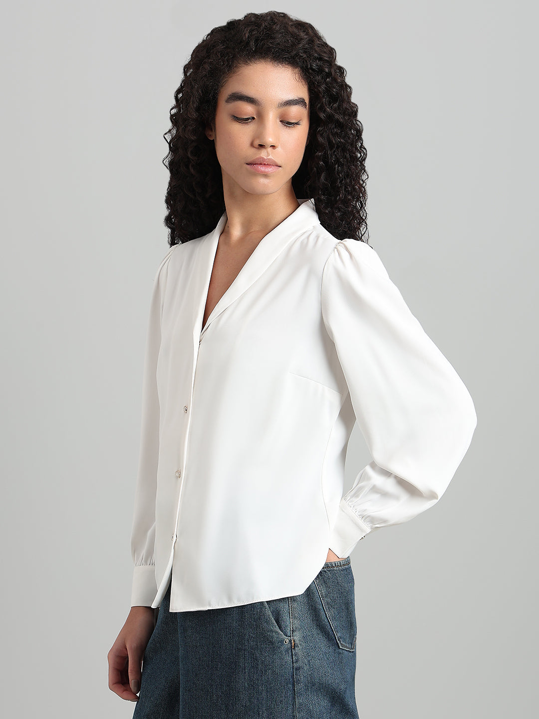 Shawl Collar Full Sleeves Top - White