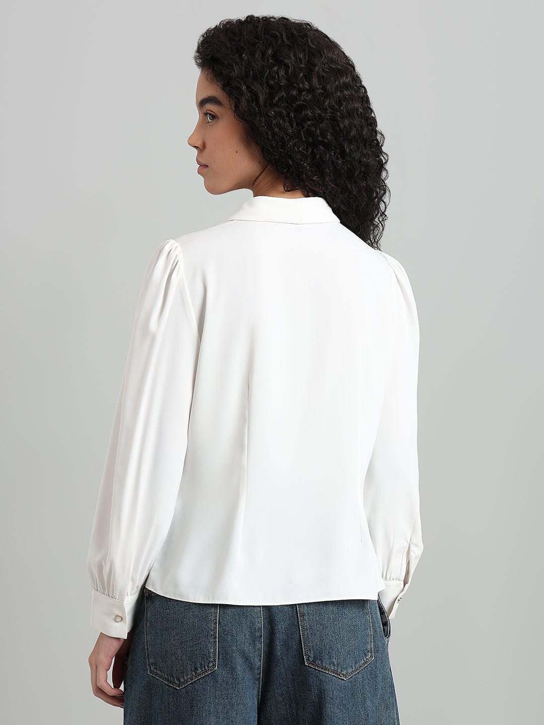 Shawl Collar Full Sleeves Top - White
