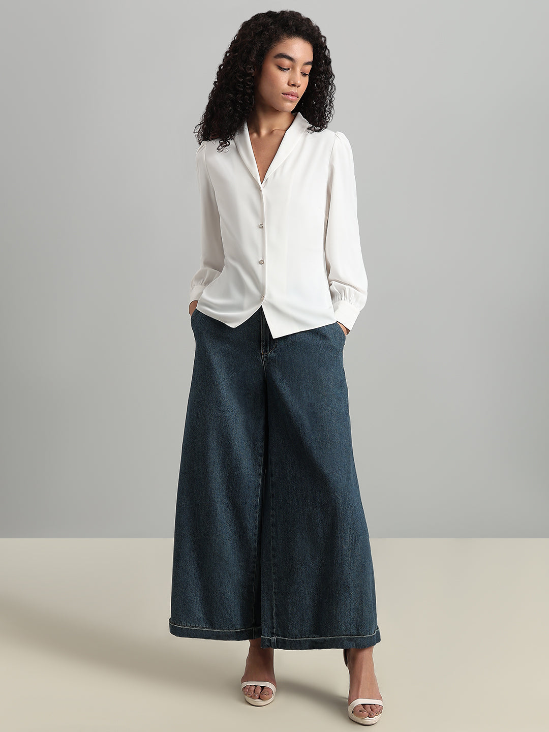 Shawl Collar Full Sleeves Top - White