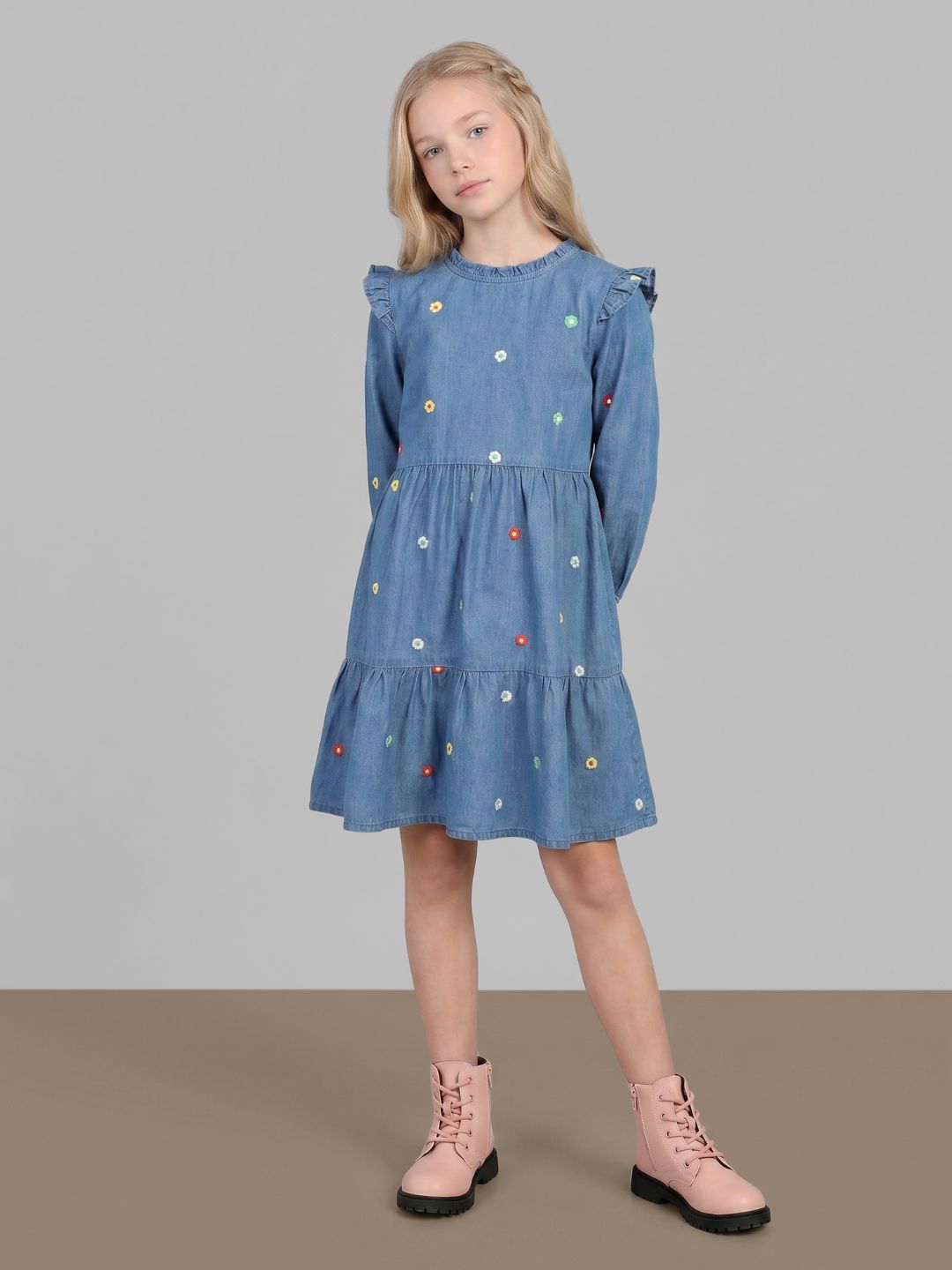 GIRLS Floral Embroidered Denim Dress