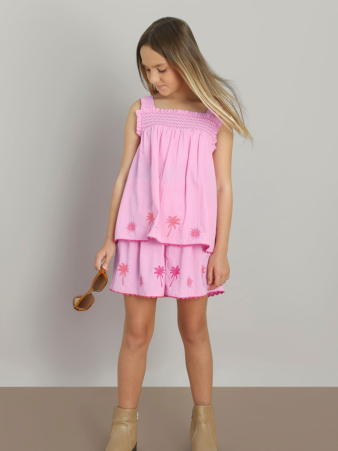 GIRL Pink Embroidered Smocked Top