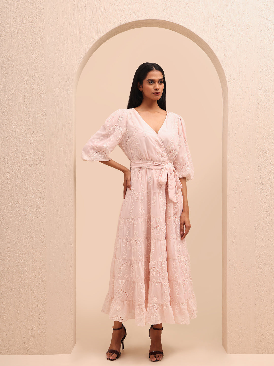 Pink Embroidered Wrap Dress