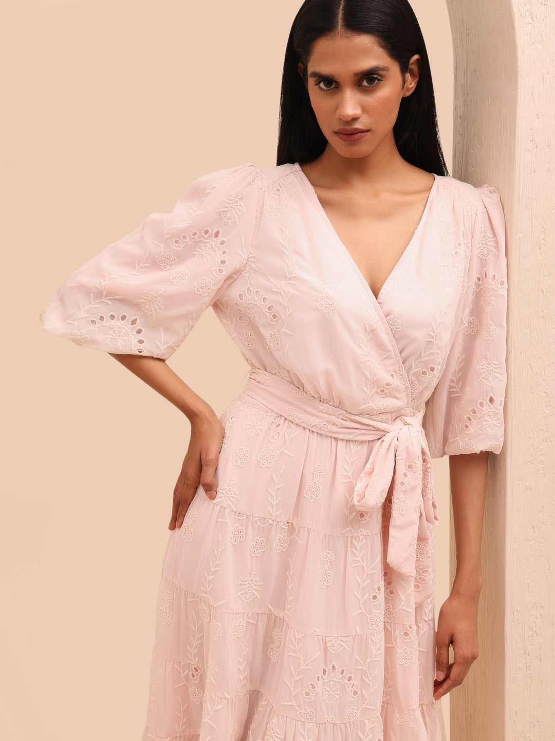 Pink Embroidered Wrap Dress