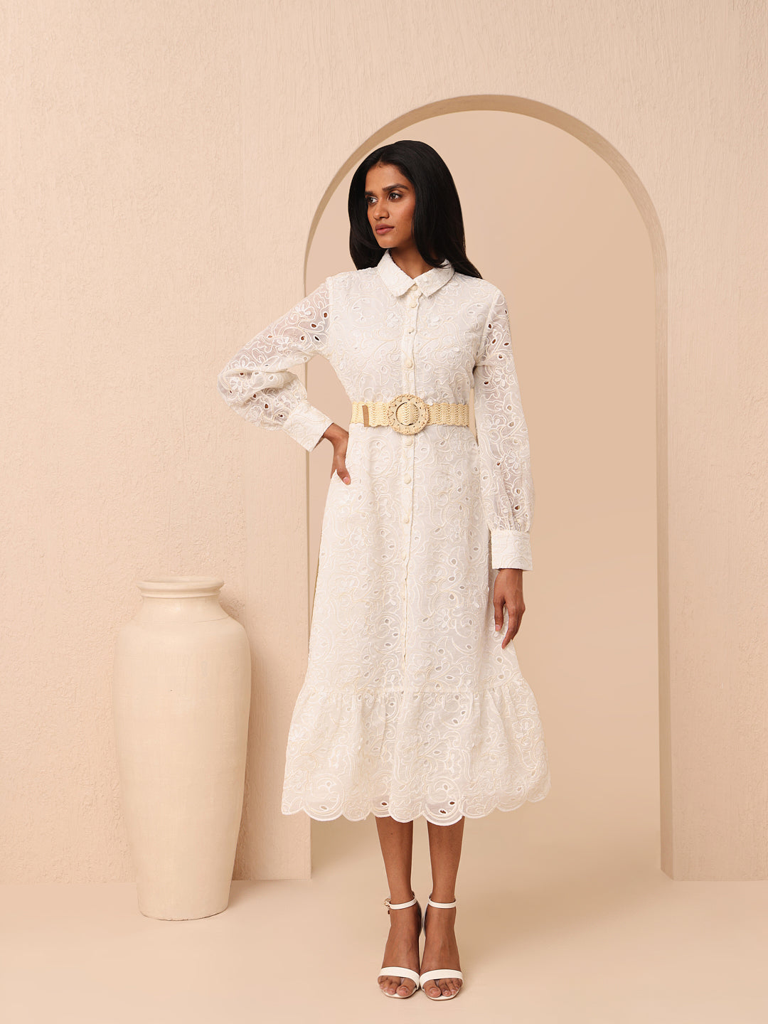 Ecru Embroidered Belted Shirt Dress