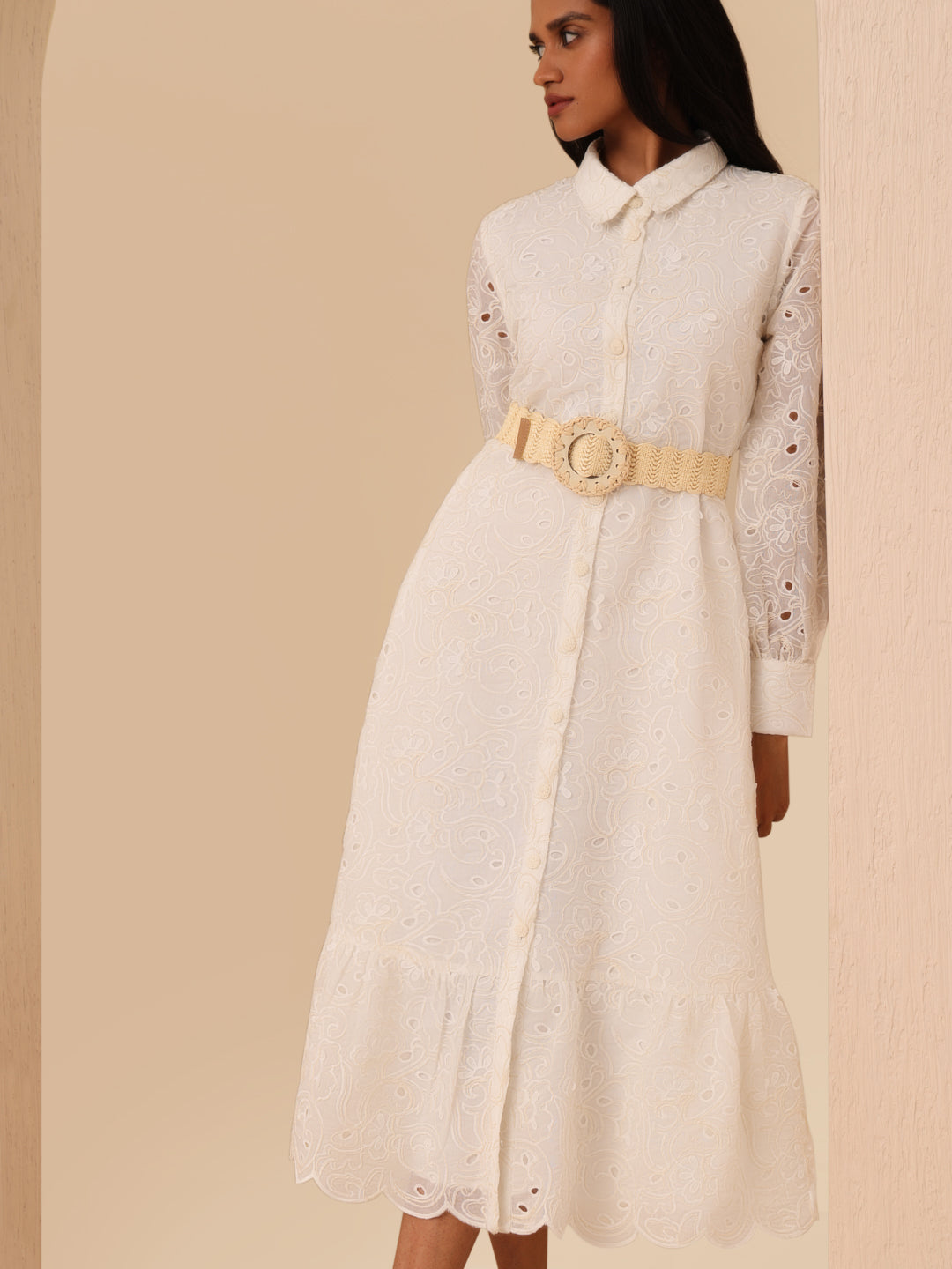 Ecru Embroidered Belted Shirt Dress