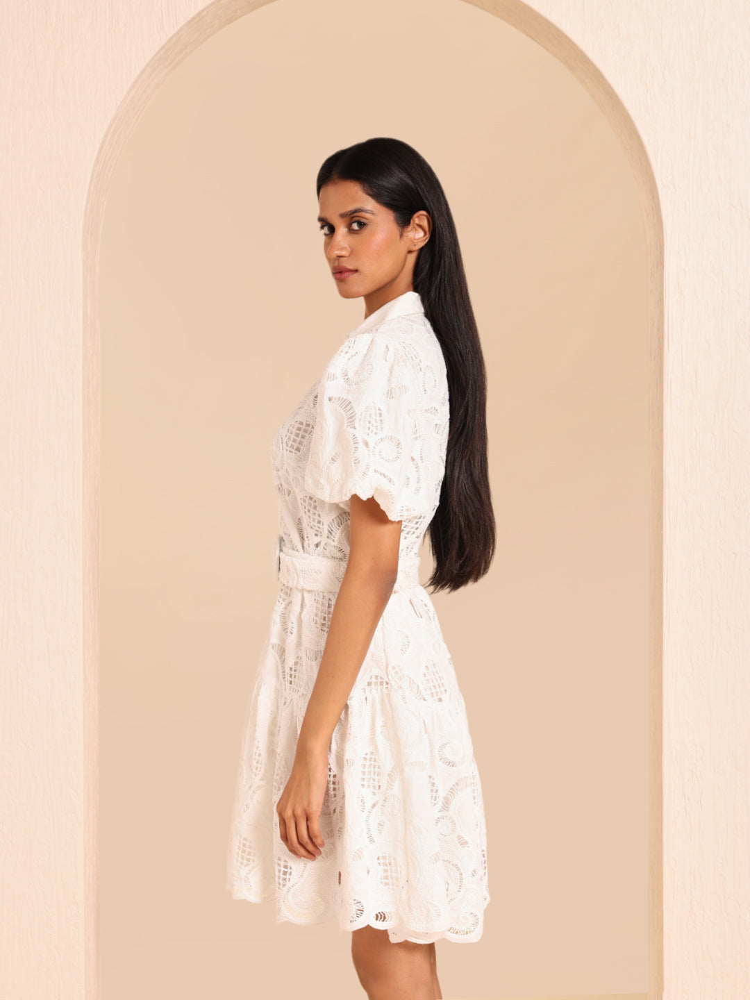 White Lace Belted Shirt Dress