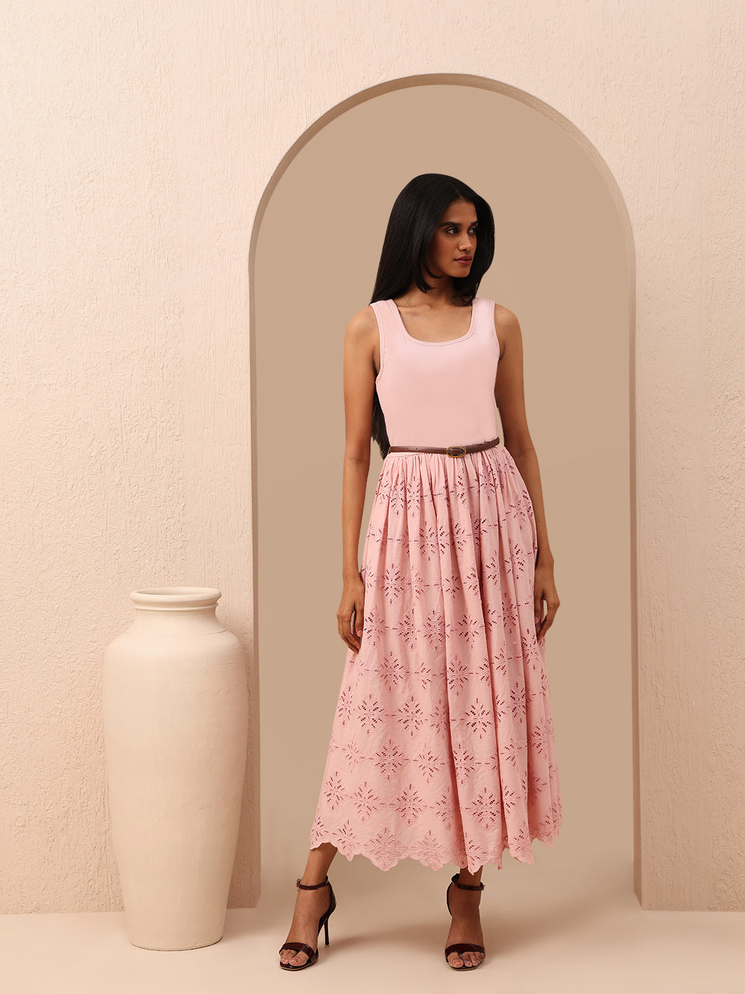 Pink Lace Cotton Midi Dress