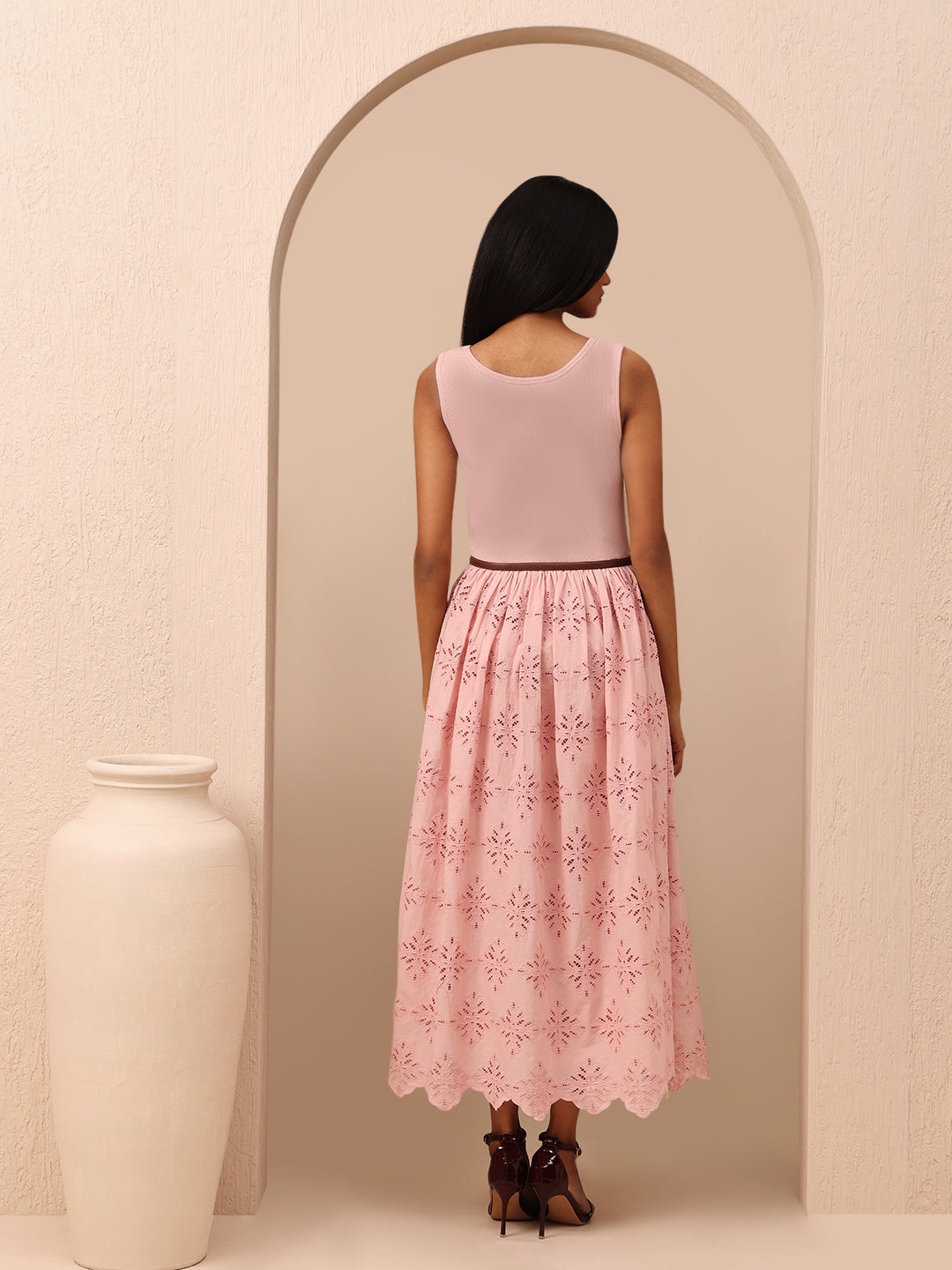 Pink Lace Cotton Midi Dress