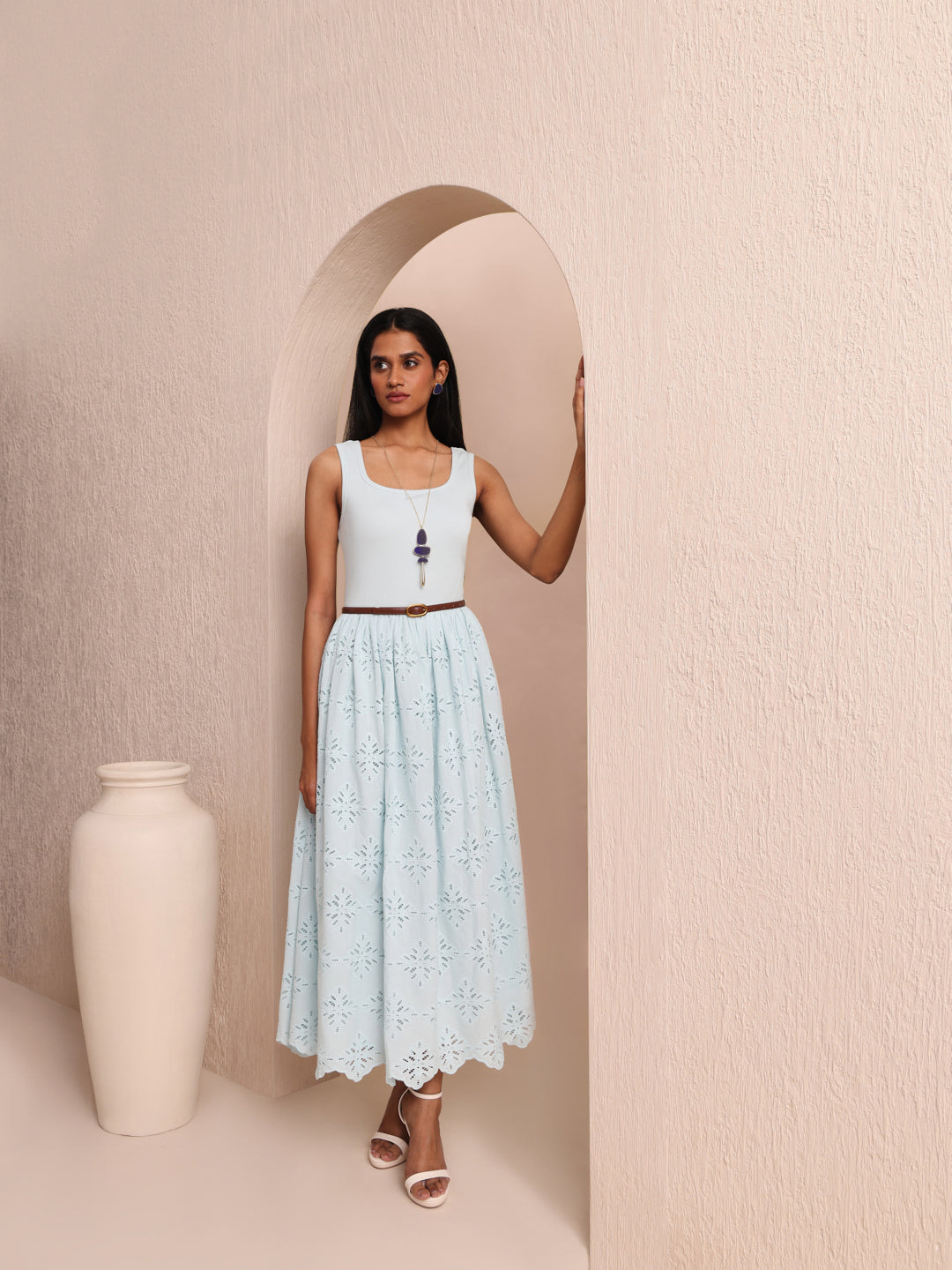 Blue Lace Cotton Midi Dress