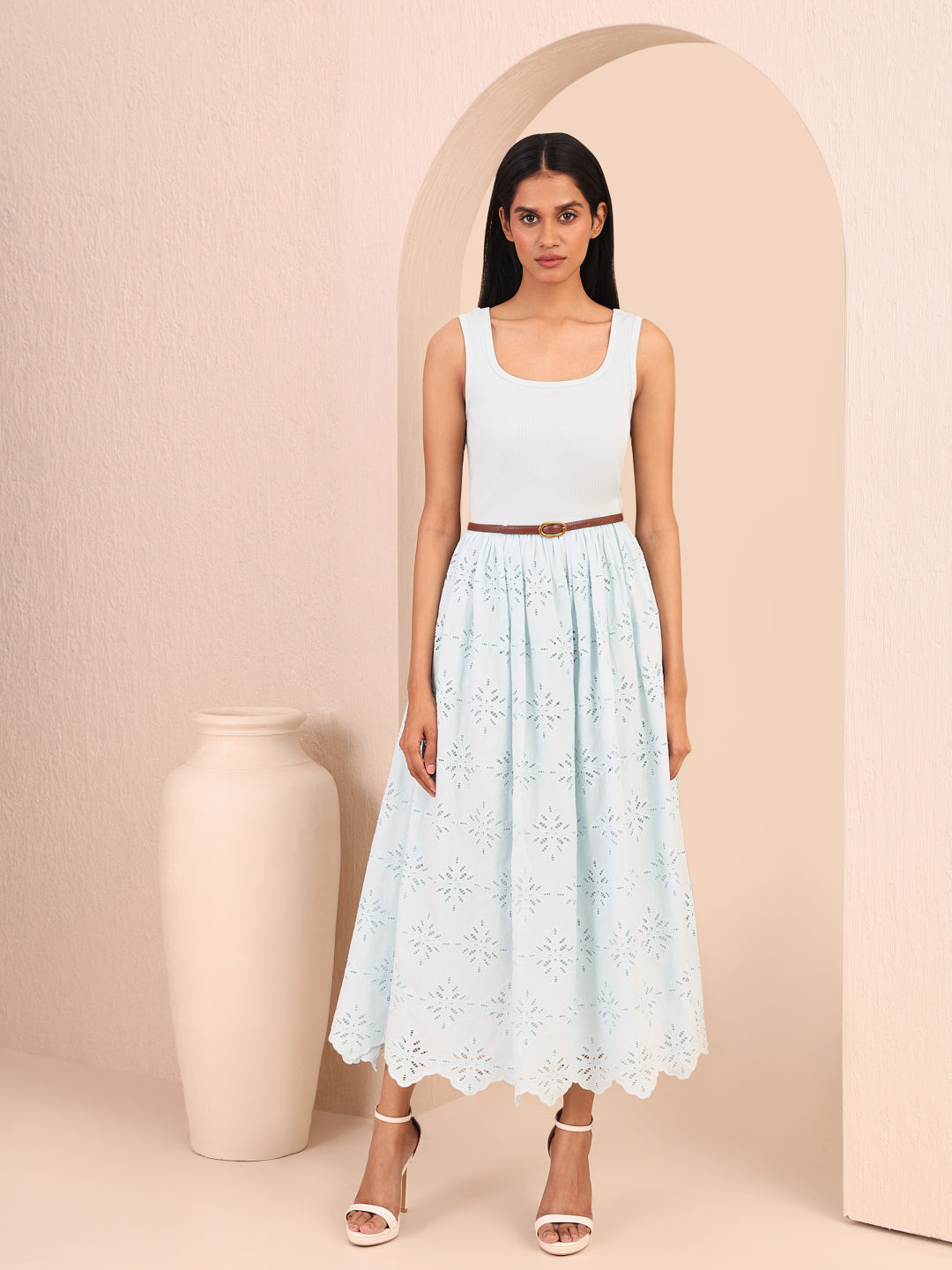 Blue Lace Cotton Midi Dress