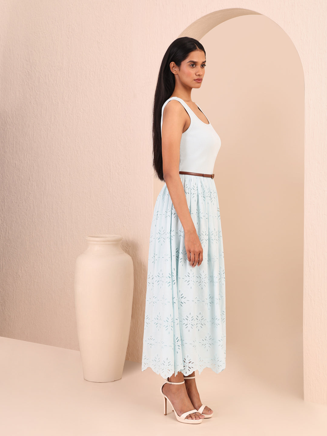 Blue Lace Cotton Midi Dress