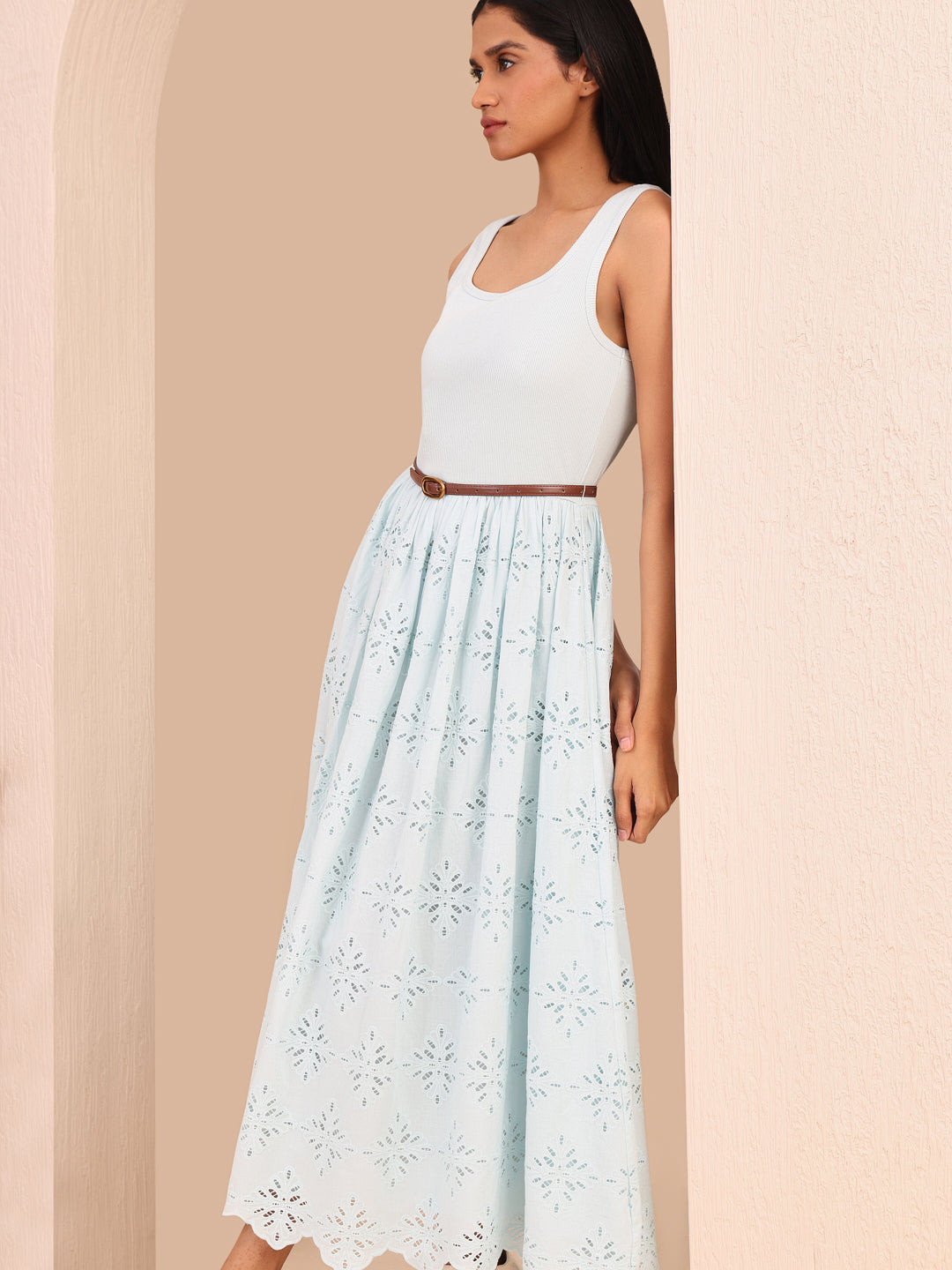 Blue Lace Cotton Midi Dress