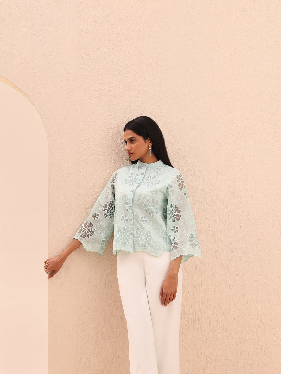 Blue Floral Embroidered Shirt