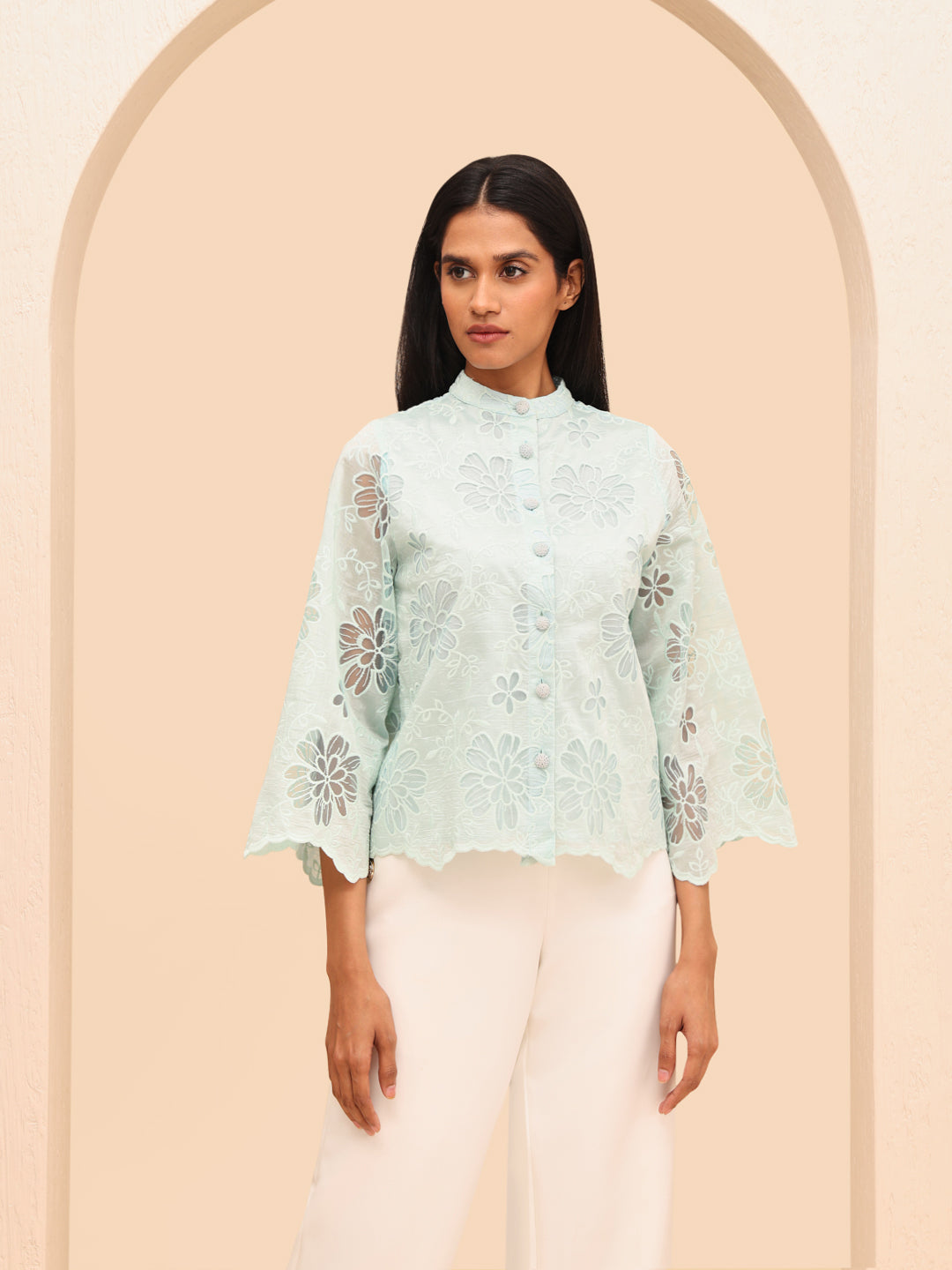 Blue Floral Embroidered Shirt