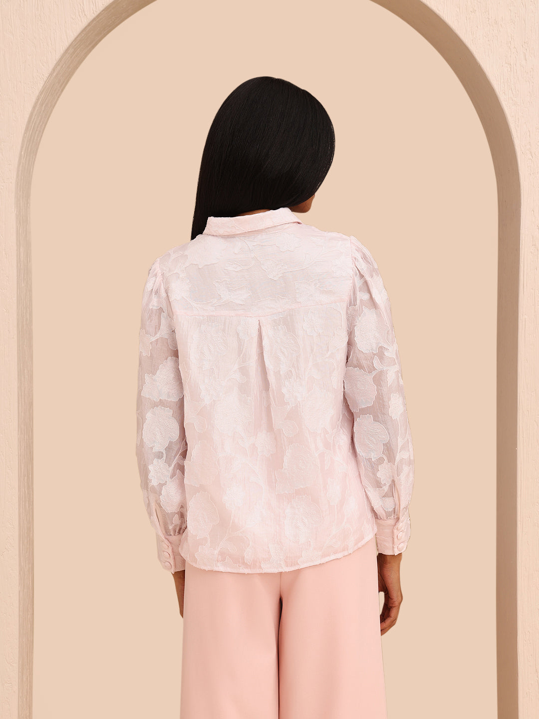 Pink Embroidered Cuffed Sleeves Shirt