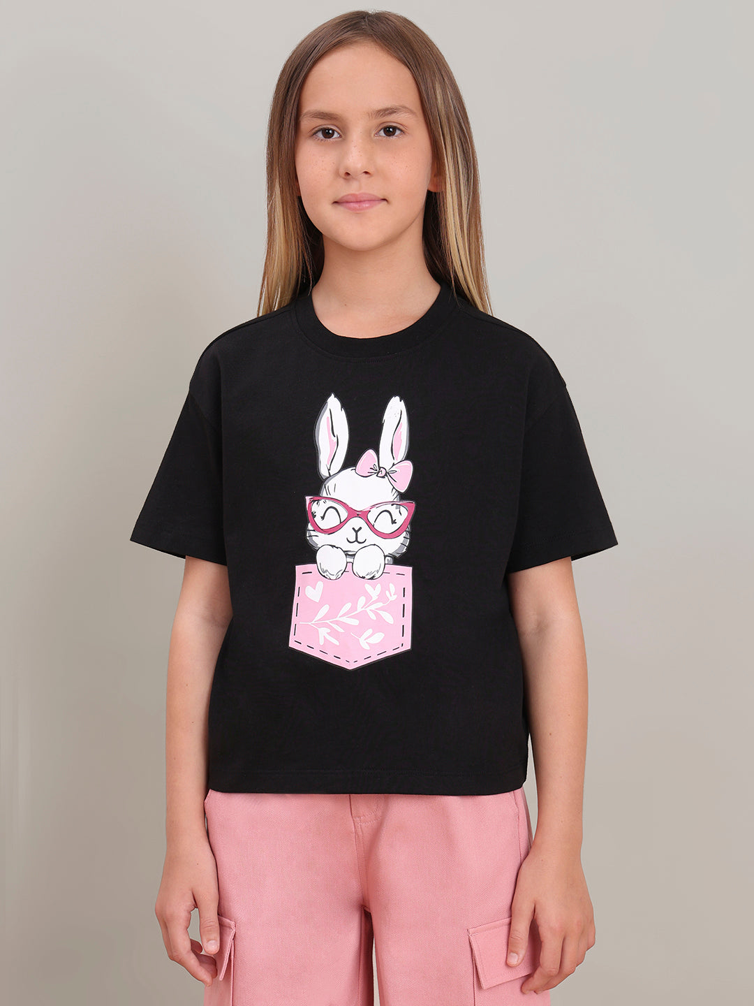 GIRL Black Printed Cotton T-shirt