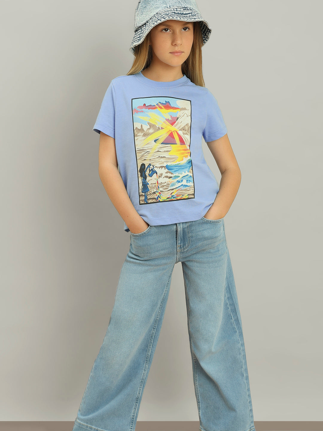 GIRL Blue Printed Cotton T-shirt