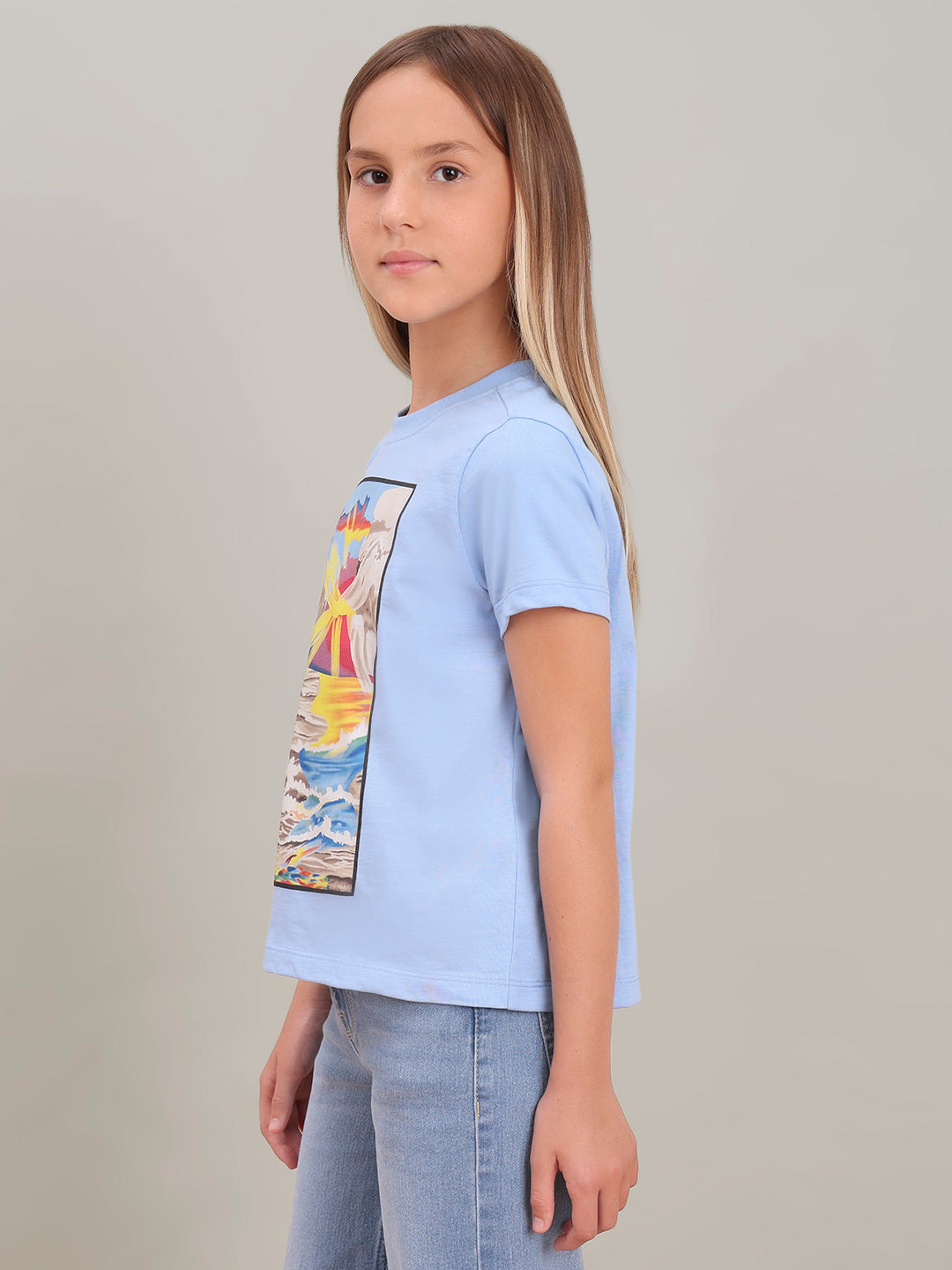 GIRL Blue Printed Cotton T-shirt