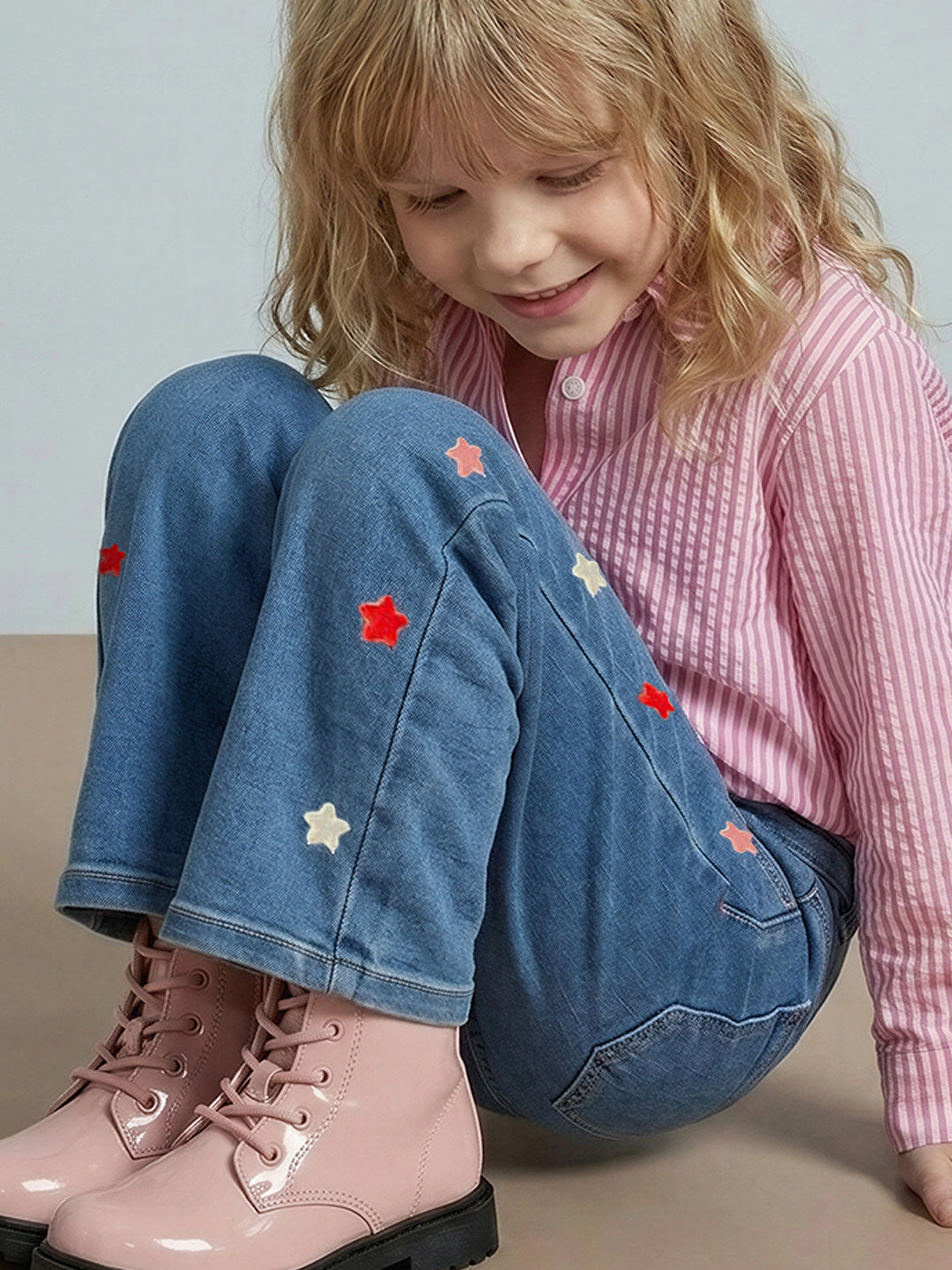 GIRLS Dark Blue Embroidered Wide Leg Jeans