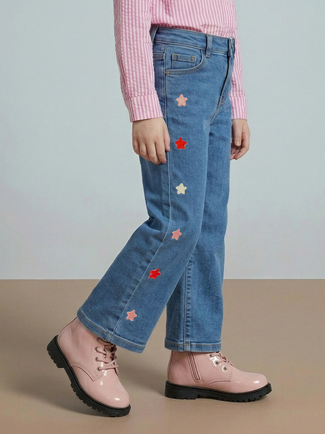 GIRLS Dark Blue Embroidered Wide Leg Jeans