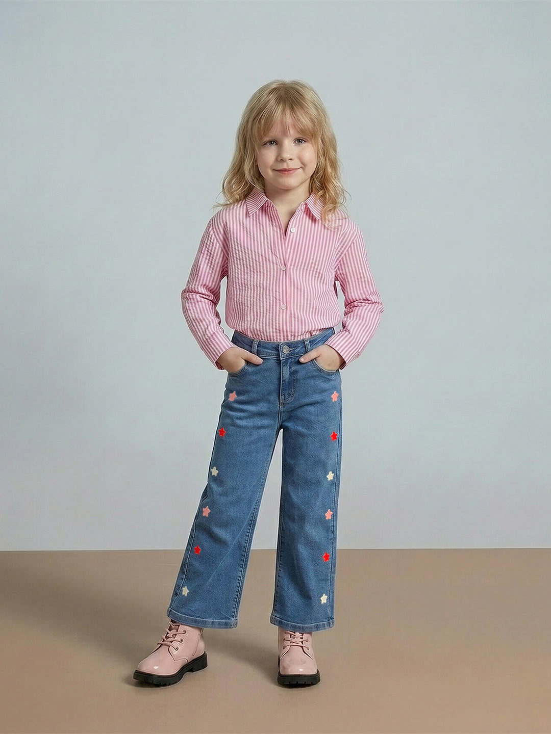 GIRLS Dark Blue Embroidered Wide Leg Jeans