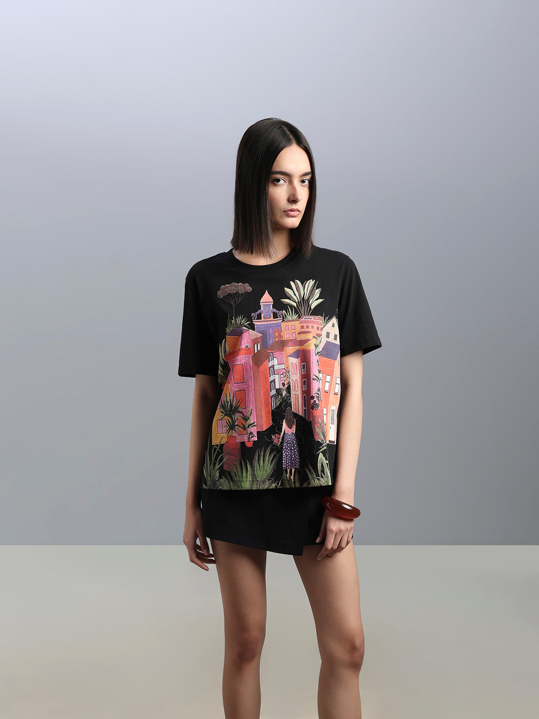 Black Printed Cotton T-shirt