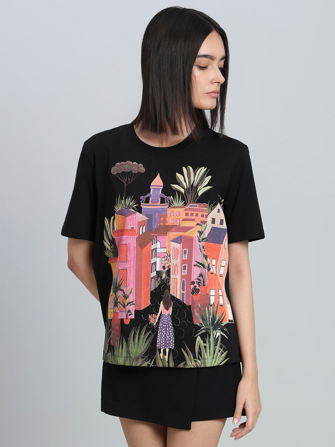 Black Printed Cotton T-shirt