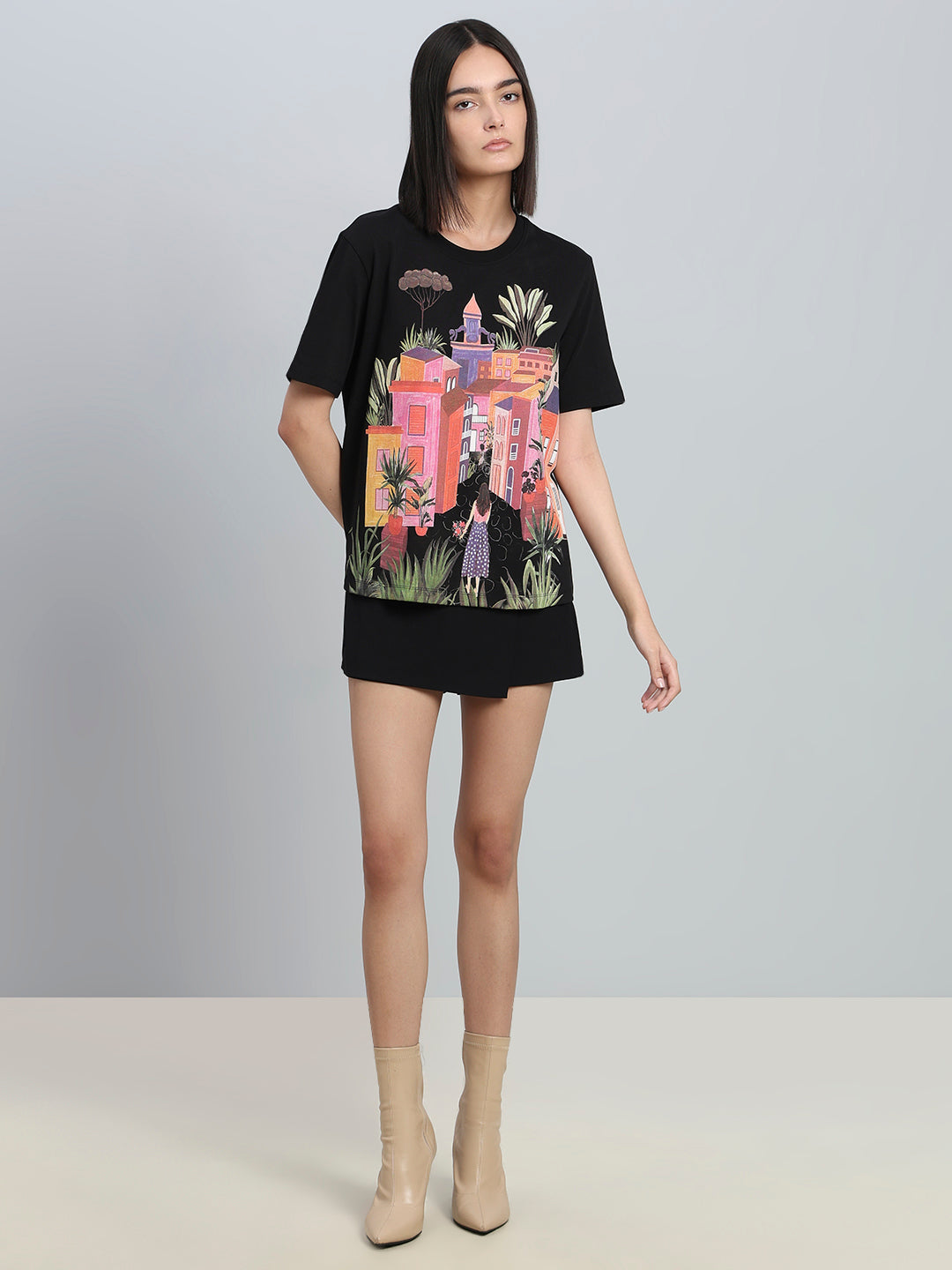 Black Printed Cotton T-shirt
