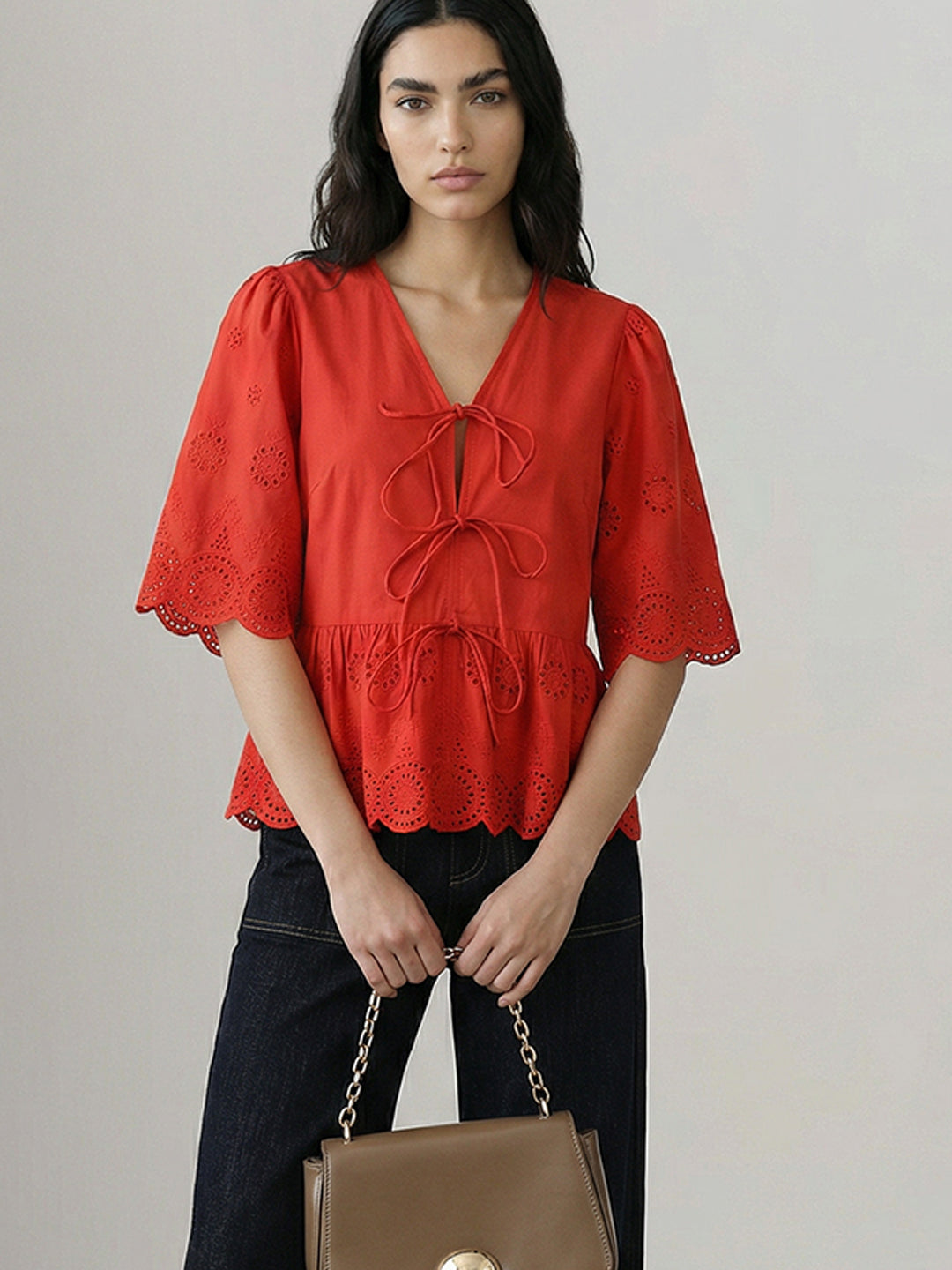 Red Broderie Peplum Top