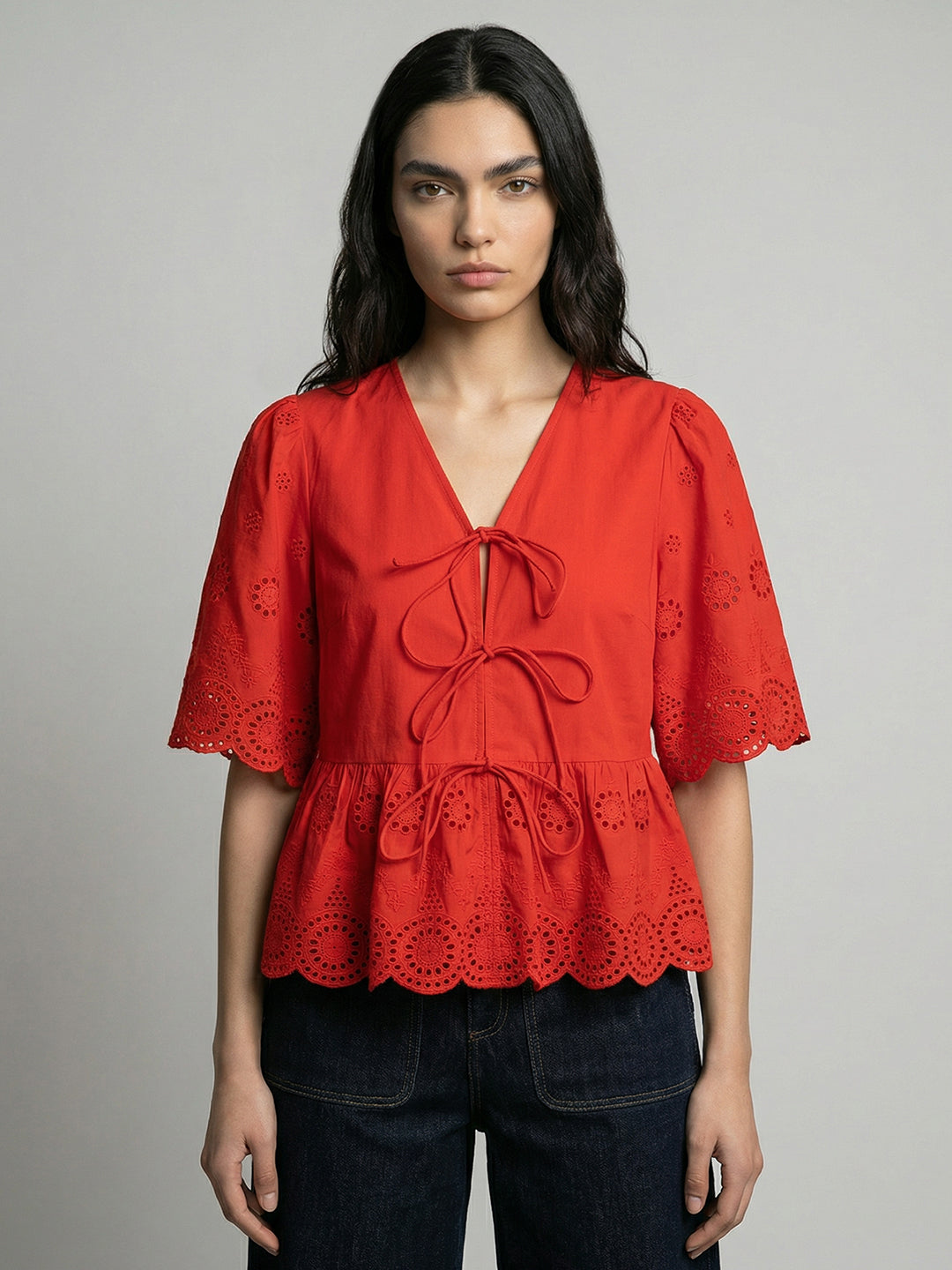 Red Broderie Peplum Top