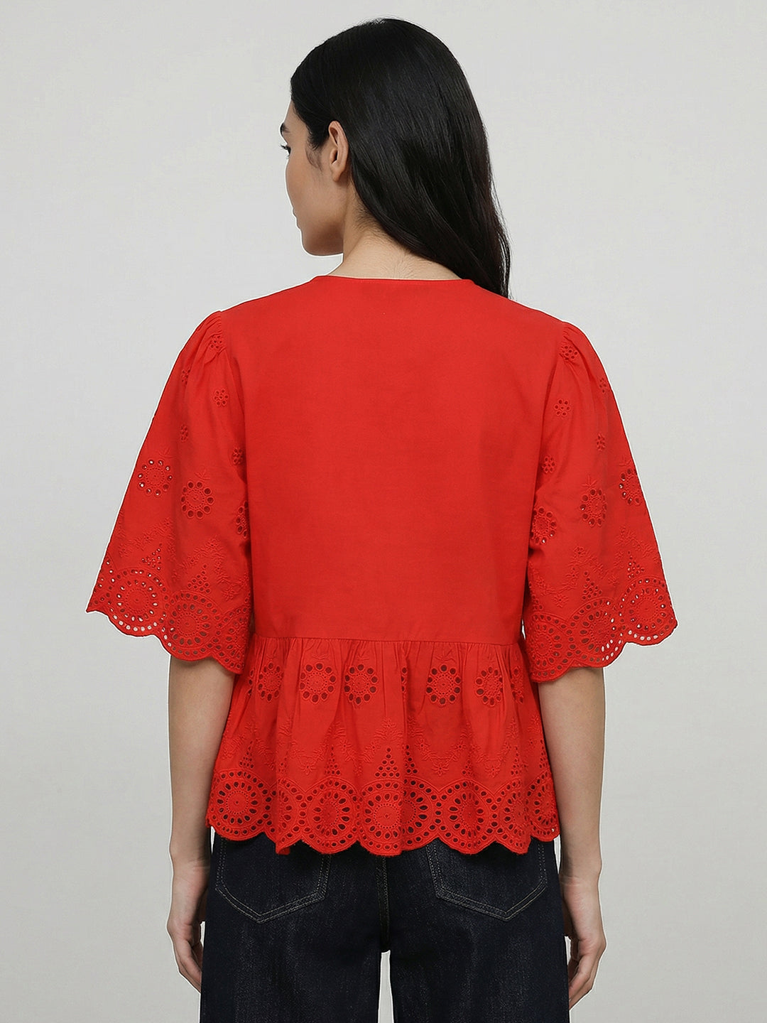 Red Broderie Peplum Top