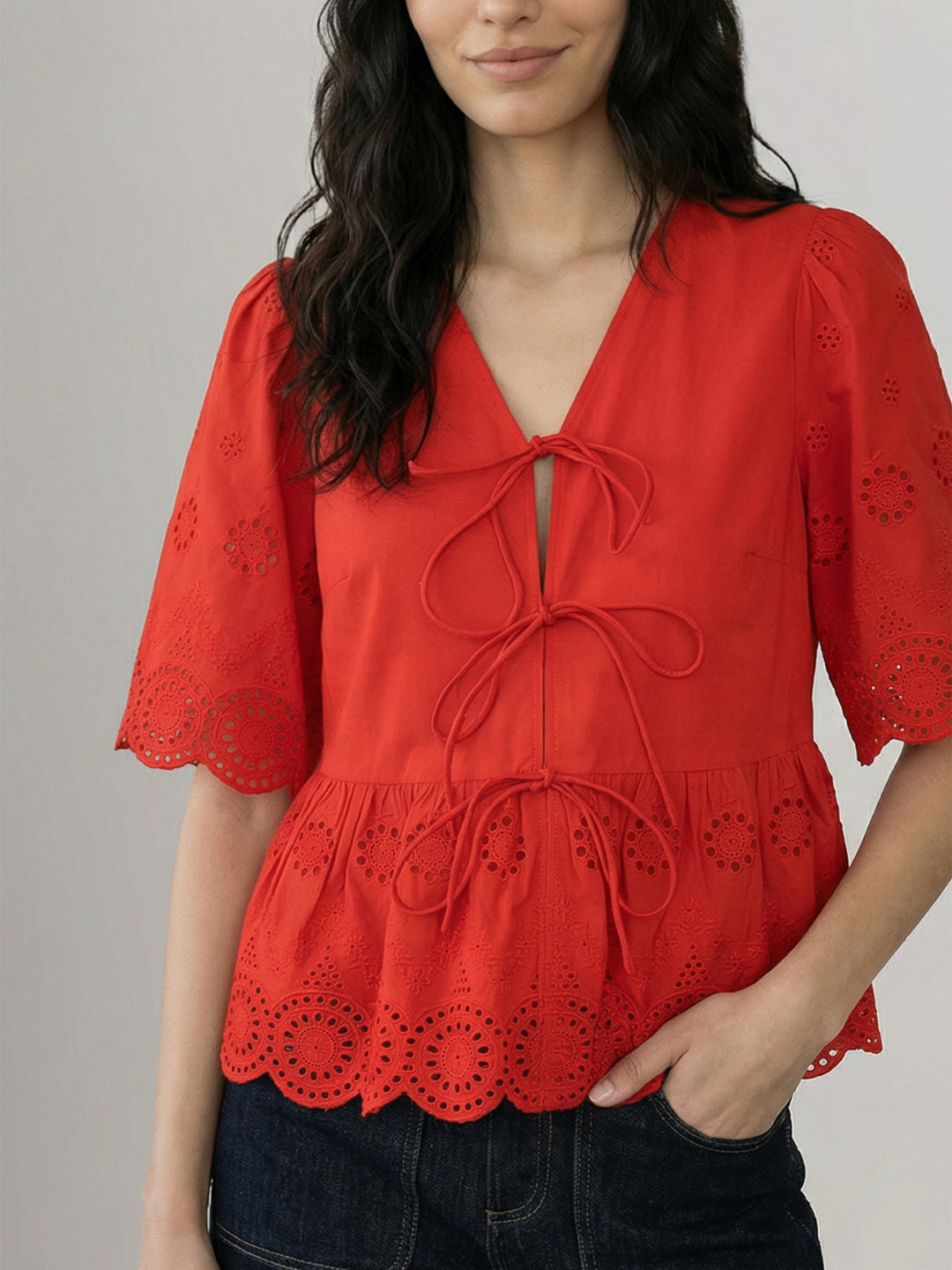 Red Broderie Peplum Top