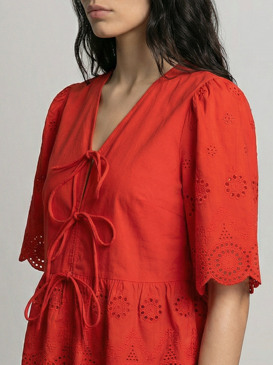 Red Broderie Peplum Top