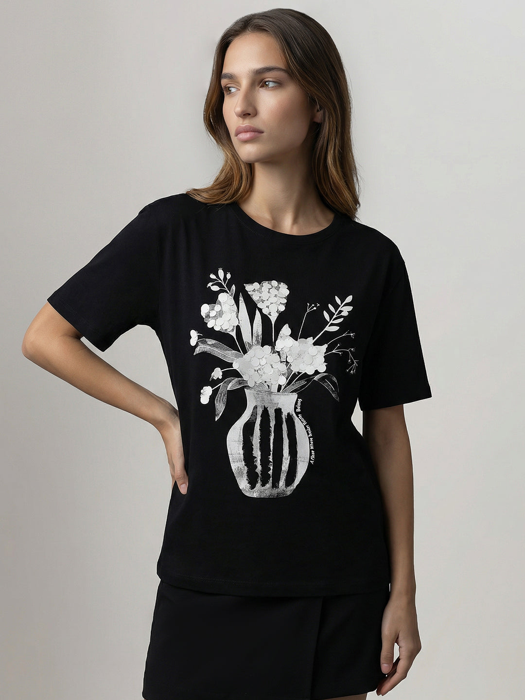 Black Printed Cotton T-Shirt