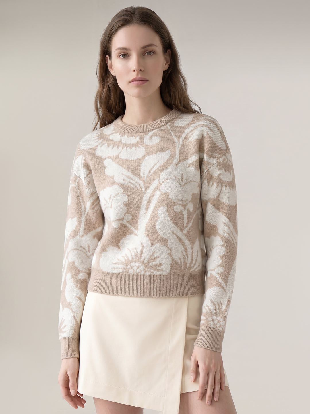 Beige Animal Print O-Neck Pullover