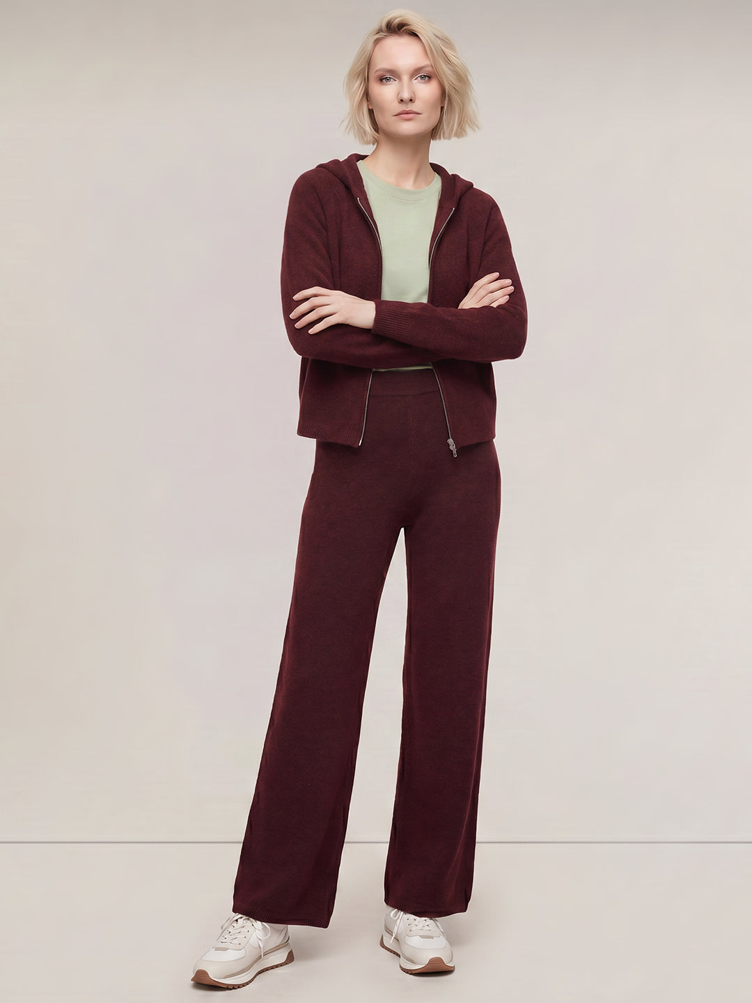 Maroon Ribbed Loose Fit Pants