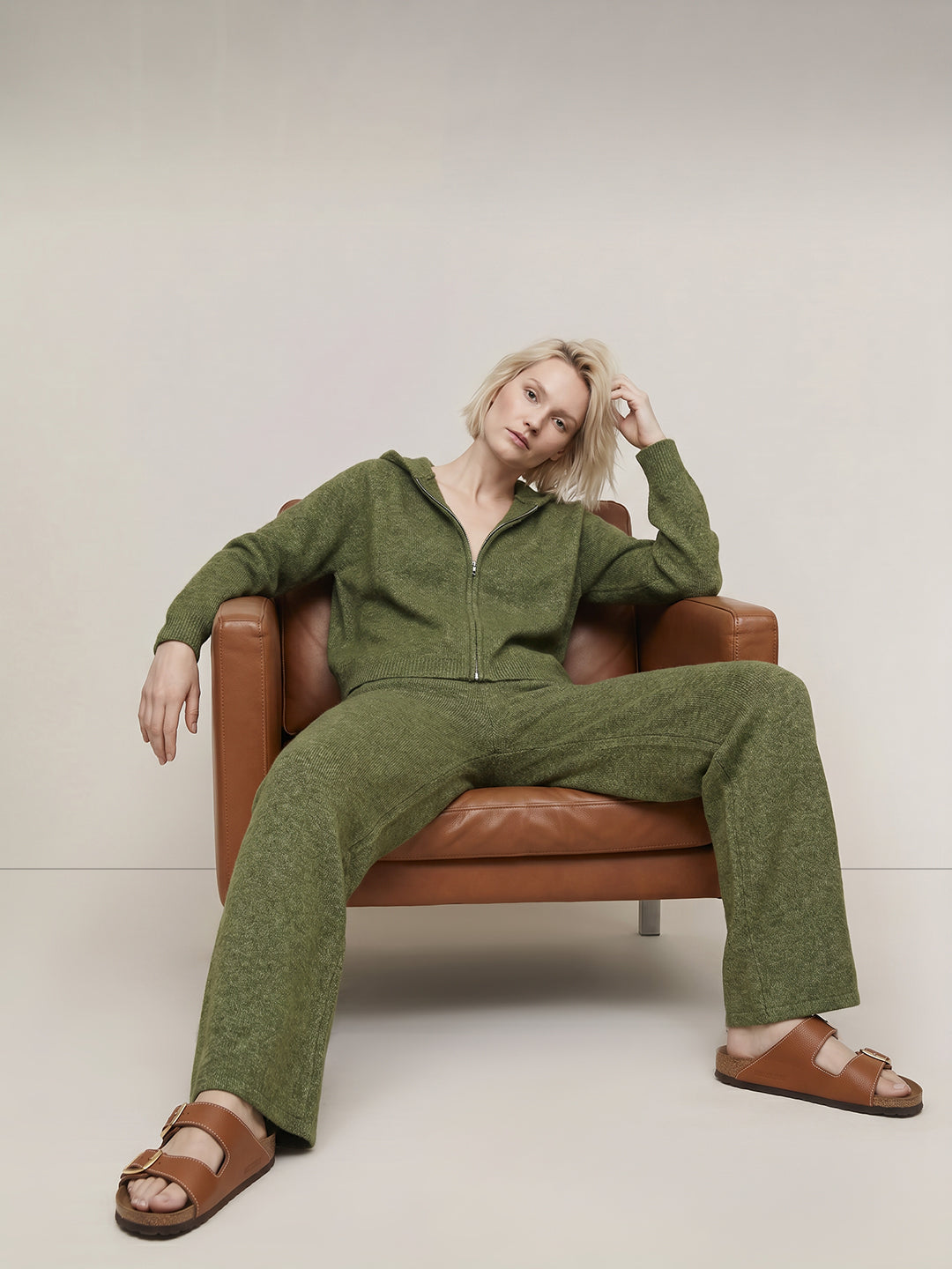 Green Ribbed Loose Fit Pants