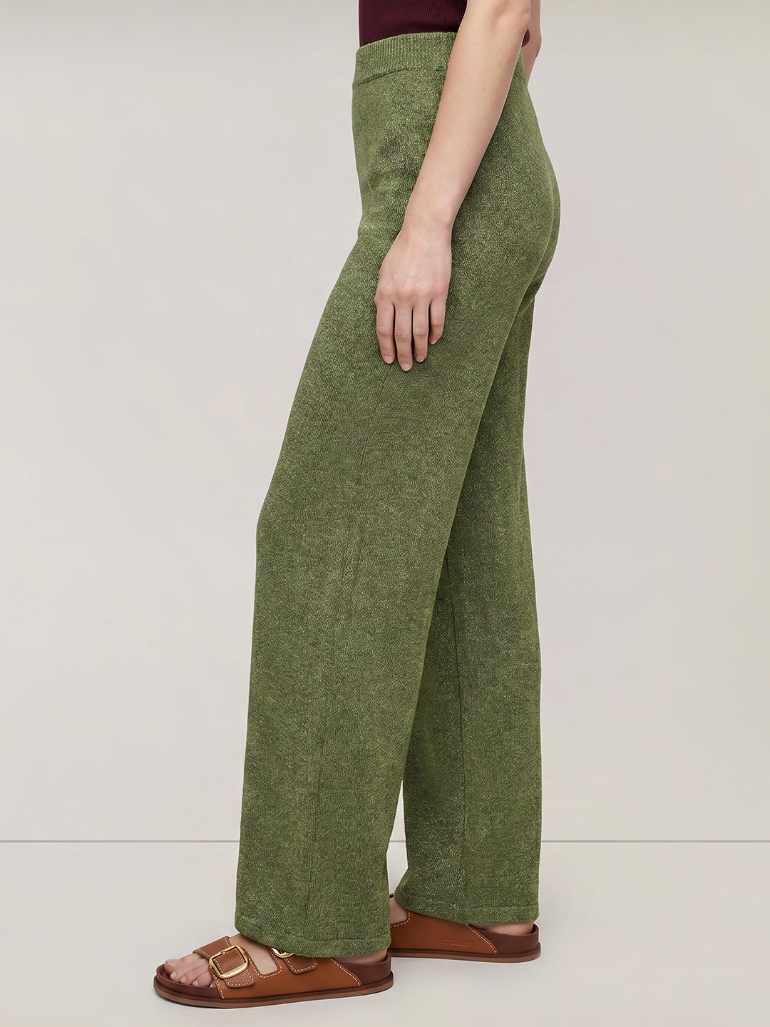 Green Ribbed Loose Fit Pants