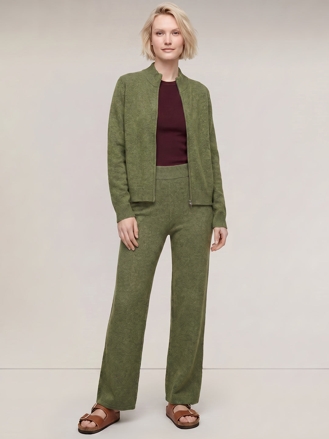 Green Ribbed Loose Fit Pants