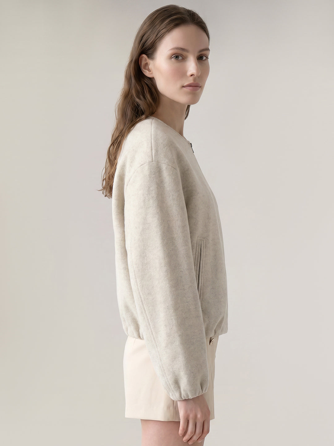 Cream Zip Front Bomber Jacket