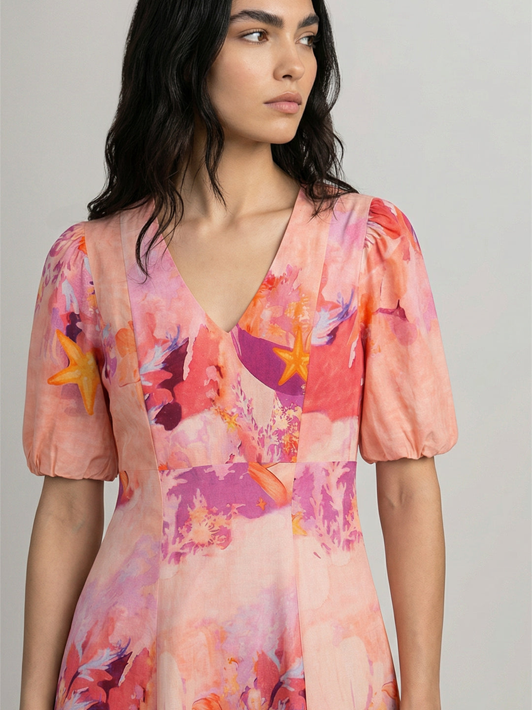 Pink Floral V-Neck Midi Dress