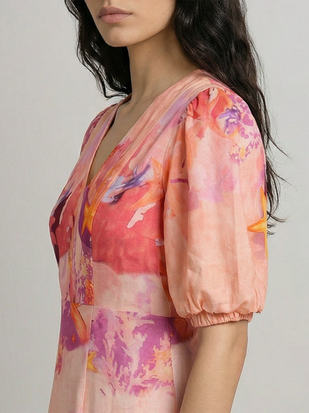 Pink Floral V-Neck Midi Dress