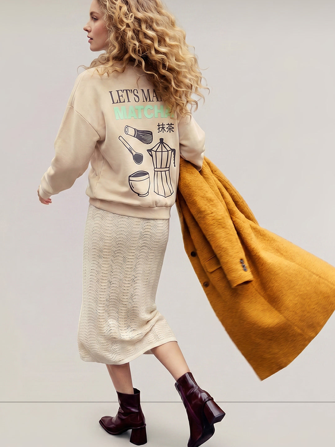 Beige Printed Boxy Fit Sweatshirt