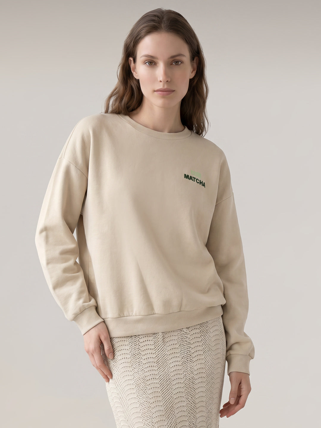 Beige Printed Boxy Fit Sweatshirt