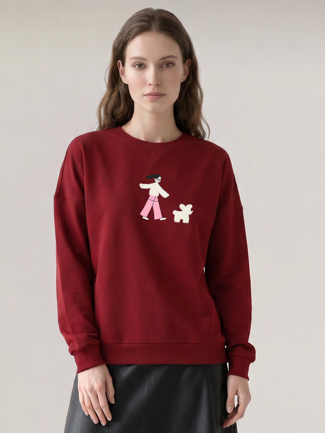 Dark Red Printed Boxy Fit Sweatshirt