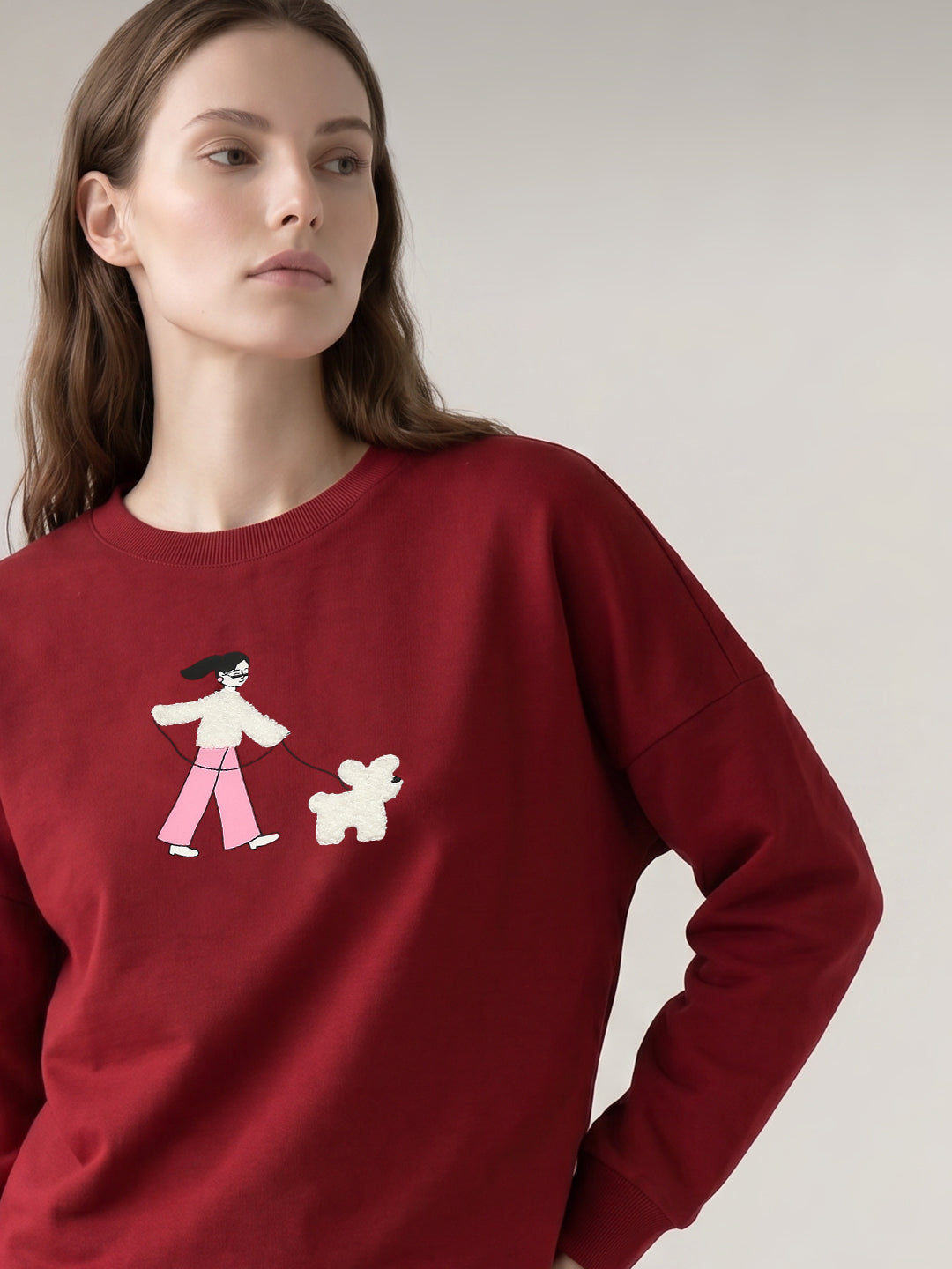 Dark Red Printed Boxy Fit Sweatshirt