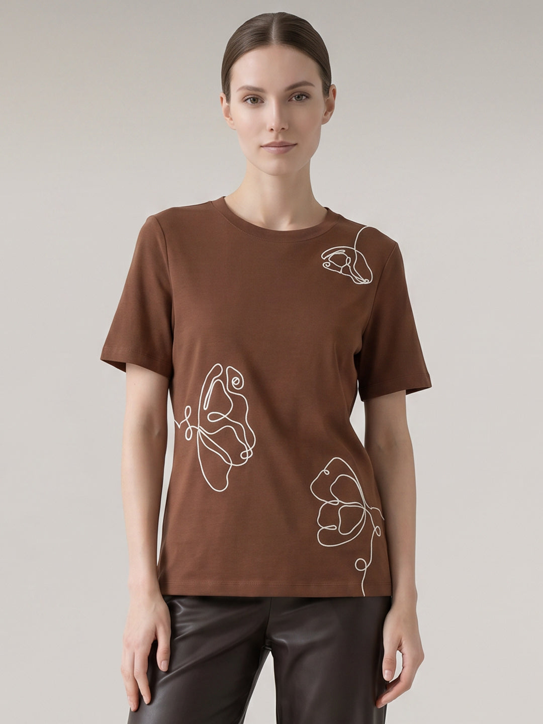 Dark Brown Printed O-Neck T-shirt