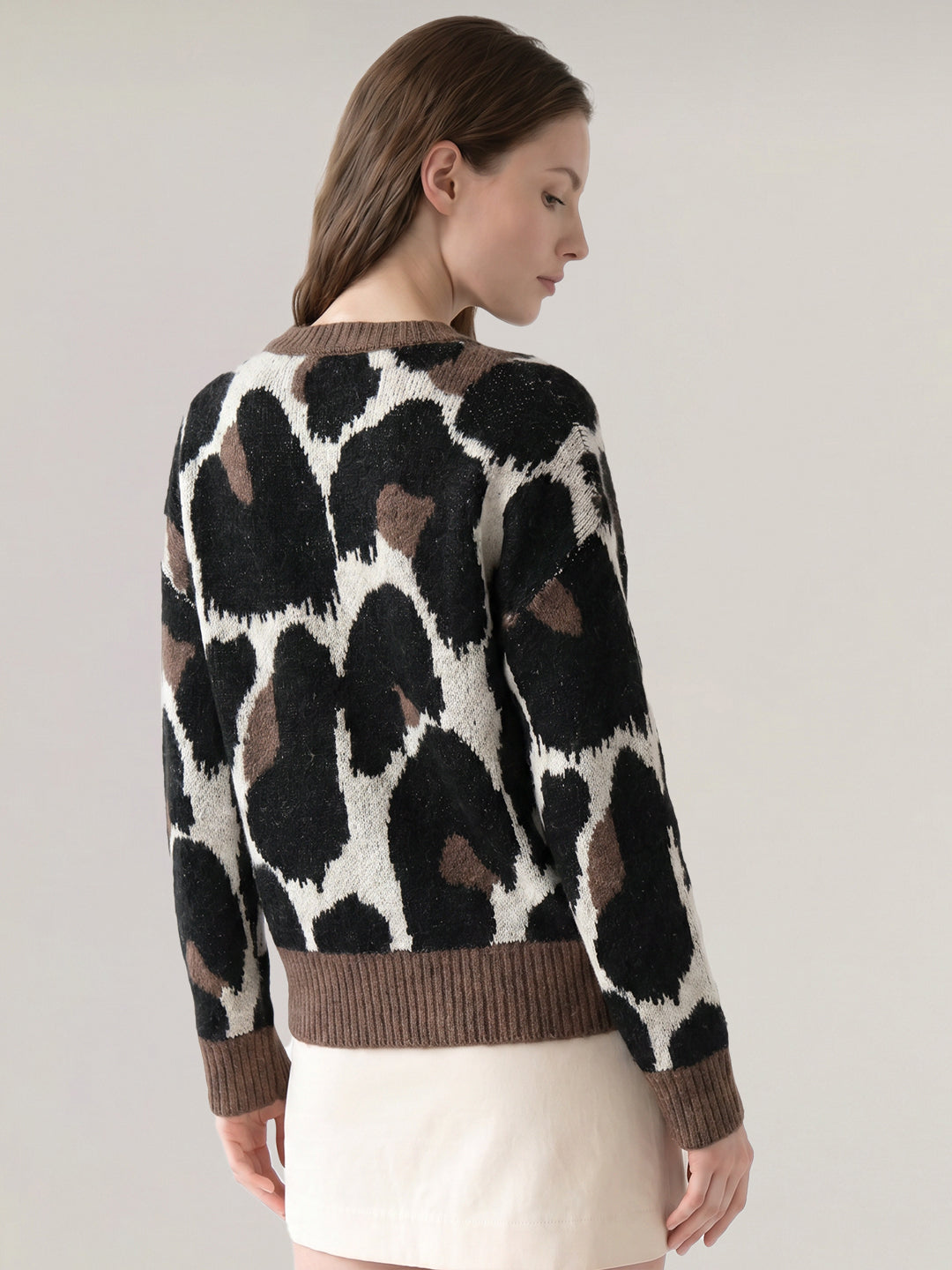 Brown Animal Print O-Neck Pullover