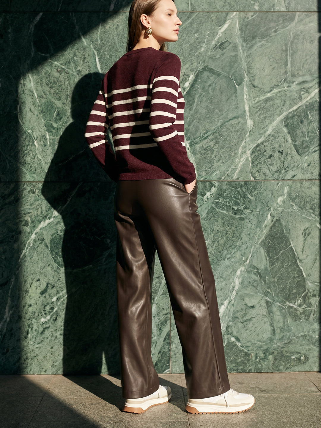 Burgundy Striped O-Neck Pullover