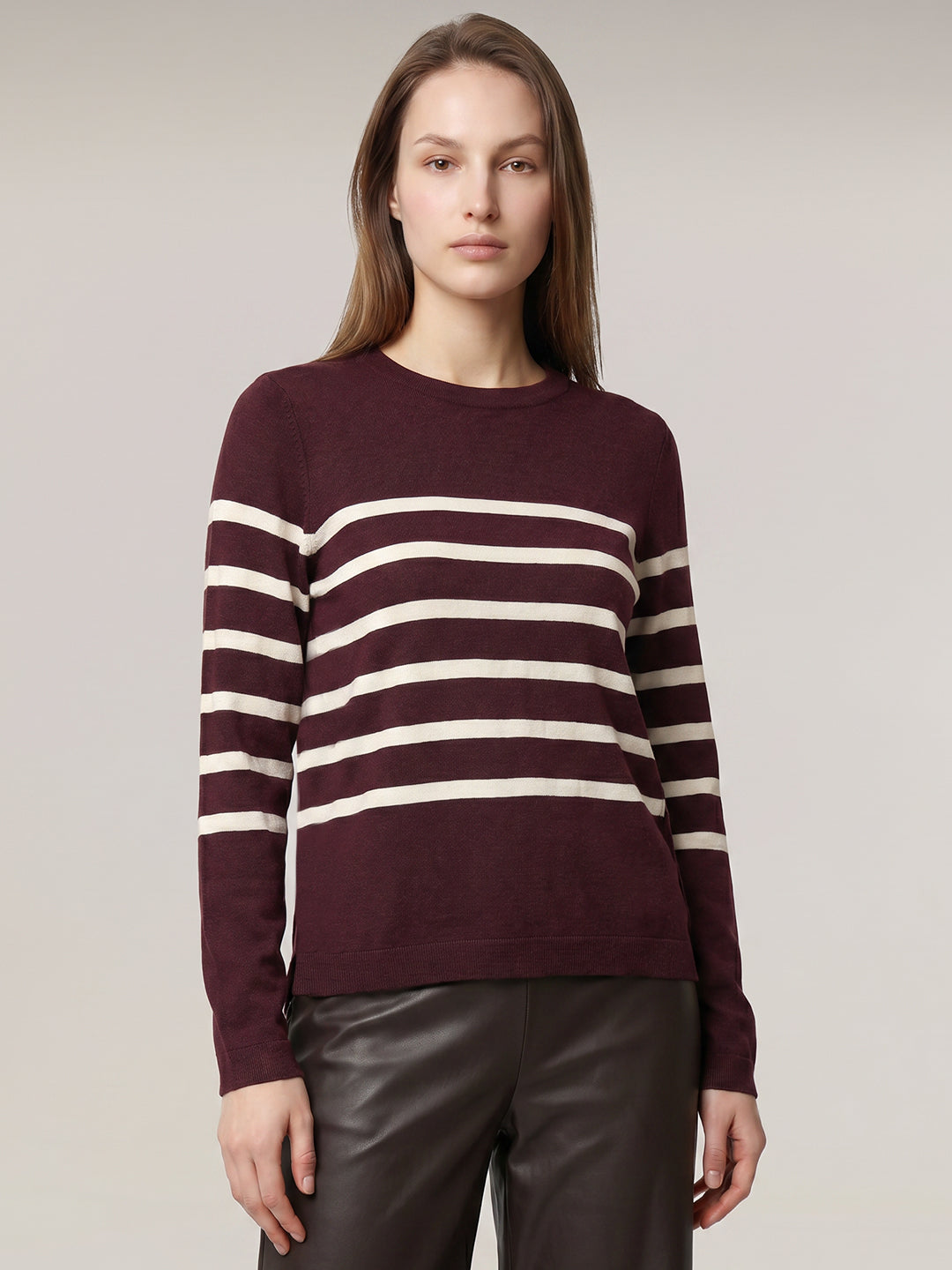 Burgundy Striped O-Neck Pullover